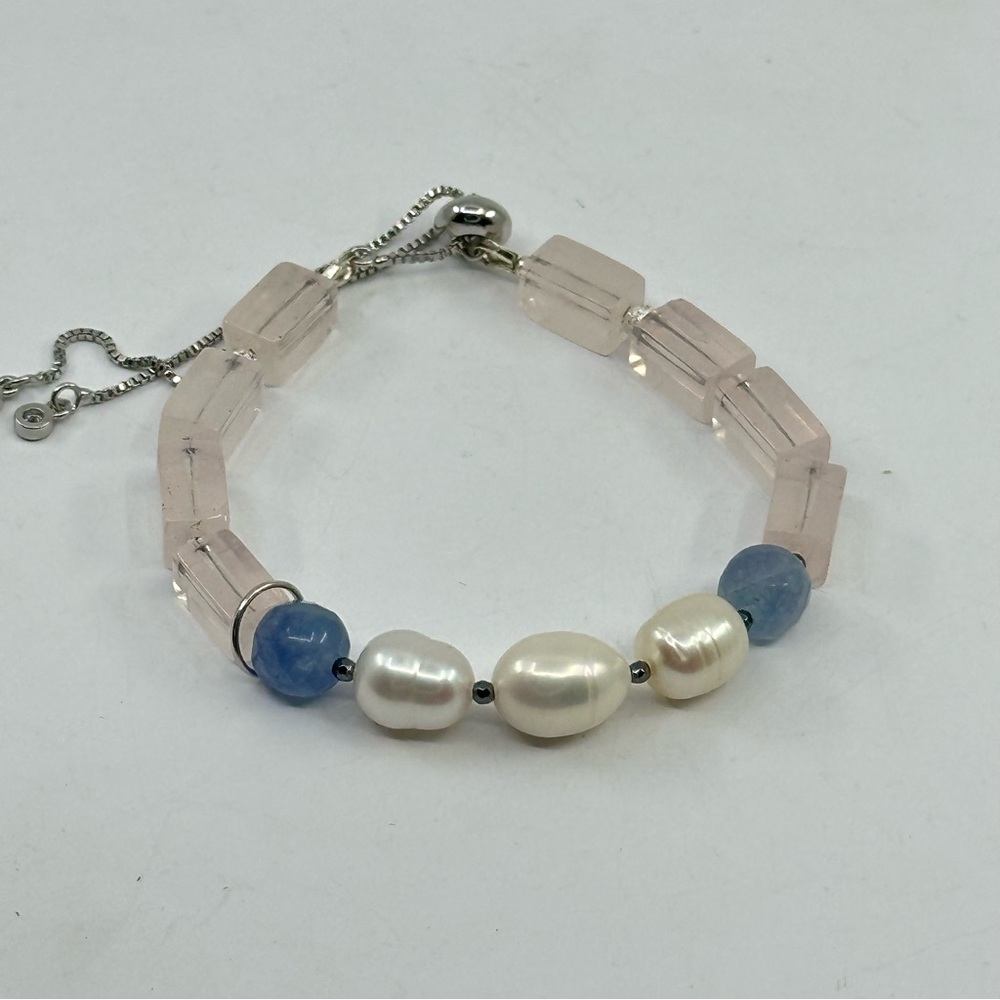 #343 New Gem-Trio Bracelet Natural Aquamarine, Rose Quartz & Freshwhater Pearls